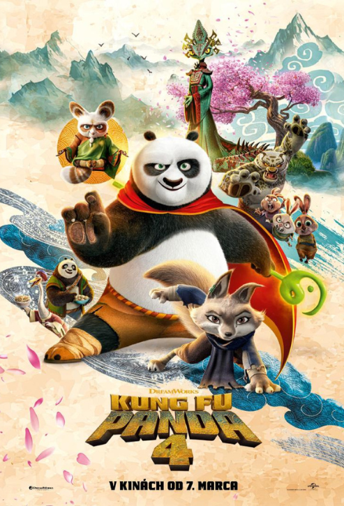Rysunek wielu zwierząt. W centrum panda w czerwonej pelerynie. W tle góry. Tekst: Kung Fu Panda 4.