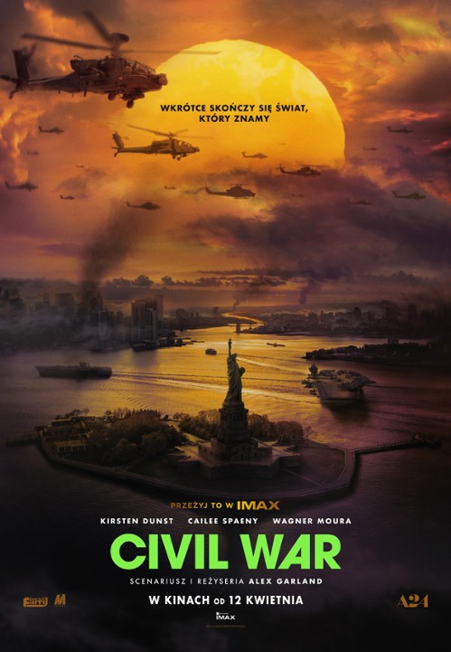 Tło to zachód słońca, zadymione niebo, chmury. Lecące helikoptery w dużej ilości. W centrum statua wolności. Tekst: Civil War. Wkrótce skończy się świat, który znamy.